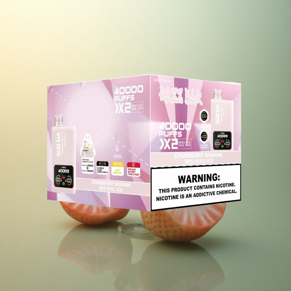 Razz Bar 40000 Puffs Strawberry Banana Ice - Dual Mesh Coil 1.0Ohm 650mAh Type-C Nicotine 2% 5%